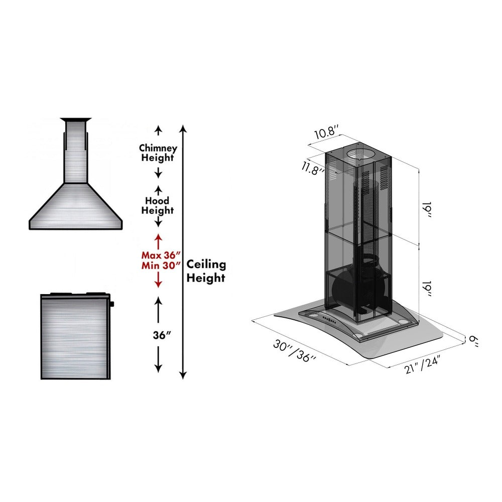 ZLINE Convertible Vent Island Mount Range Hood in Stainless Steel and Glass (GL9i) dimensional diagram and chimney height guide.