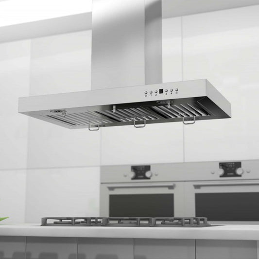 ZLINE Convertible Vent Island Mount Range Hood in Stainless Steel (KE2i) in modern kitchen above ZLINE Cooktop