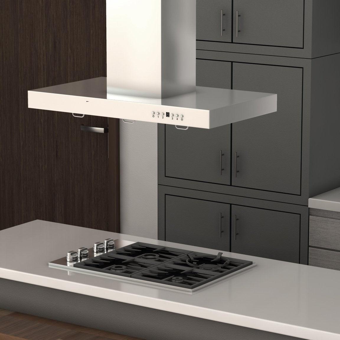 ZLINE Convertible Vent Island Mount Range Hood in Stainless Steel (KE2i) in modern luxury kitchen above cooktop with white countertop side view