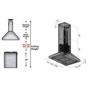 ZLINE Convertible Island Mount Range Hood in Stainless Steel (KL3i) dimensional diagram for 36-inch, 42-inch, and 48-inch sizes.