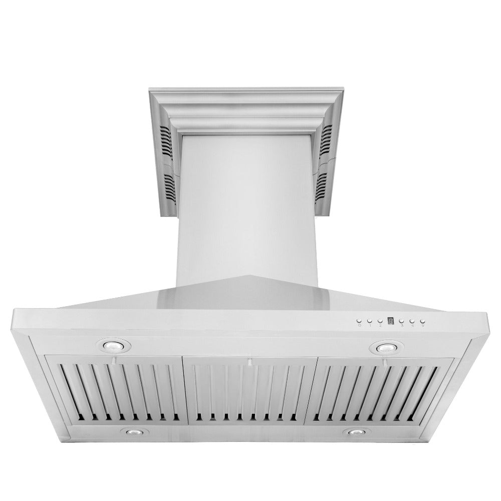 ZLINE Ducted Vent Island Mount Range Hood in Stainless Steel with Built-in CrownSound Bluetooth Speakers (GL1iCRN-BT) front, under.