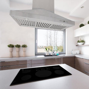 ZLINE Ducted Vent Island Mount Range Hood in Stainless Steel with Built-in CrownSound Bluetooth Speakers (GL1iCRN-BT) above induction cooktop.