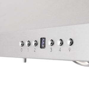 ZLINE Ducted Vent Island Mount Range Hood in Stainless Steel with Built-in CrownSound Bluetooth Speakers (GL1iCRN-BT) close-up, buttons and display.