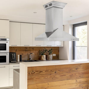 ZLINE Ducted Vent Island Mount Range Hood in Stainless Steel with Built-in CrownSound Bluetooth Speakers (GL1iCRN-BT) in a kitchen.