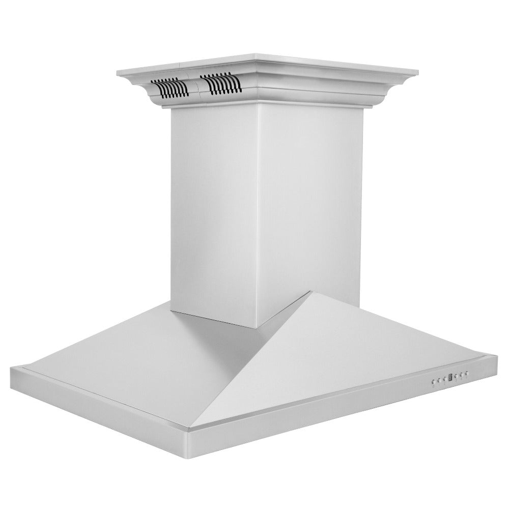 ZLINE Ducted Vent Island Mount Range Hood in Stainless Steel with Built-in CrownSound Bluetooth Speakers (GL1iCRN-BT) side, above.