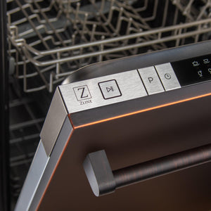 ZLINE 24 in. Top Control Dishwasher with Oil-Rubbed Bronze Panel and Traditional Style Handle, 52dBa (DW-ORB-H-24) front, door open with top touch control panel.