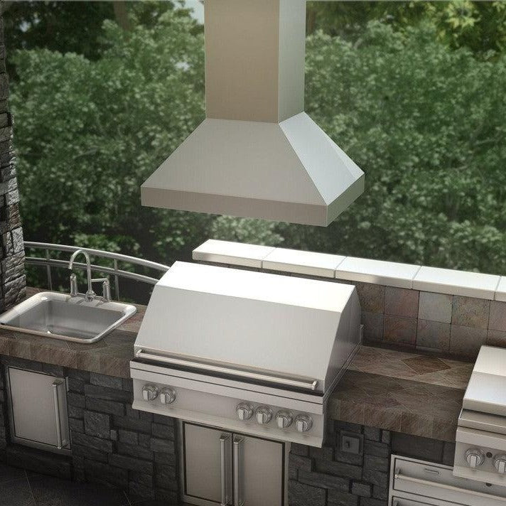 ZLINE Ducted Island Mount Range Hood in Outdoor Approved Stainless Steel (597i-304) above an outdoor grill.