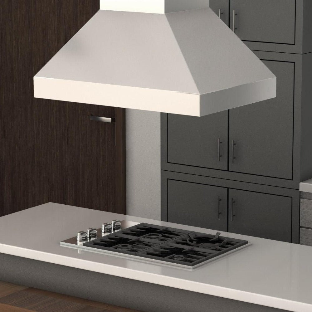 ZLINE Ducted Island Mount Range Hood in Outdoor Approved Stainless Steel (597i-304) above a kitchen island rendering.