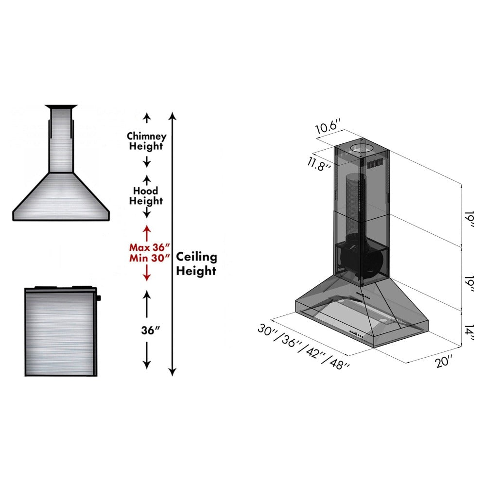 ZLINE Ducted Island Mount Range Hood in Outdoor Approved Stainless Steel (597i-304) chimney height guide and dimensional diagram.