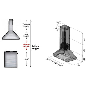 ZLINE Ducted Island Mount Range Hood in Outdoor Approved Stainless Steel (597i-304) chimney height guide and dimensional diagram.