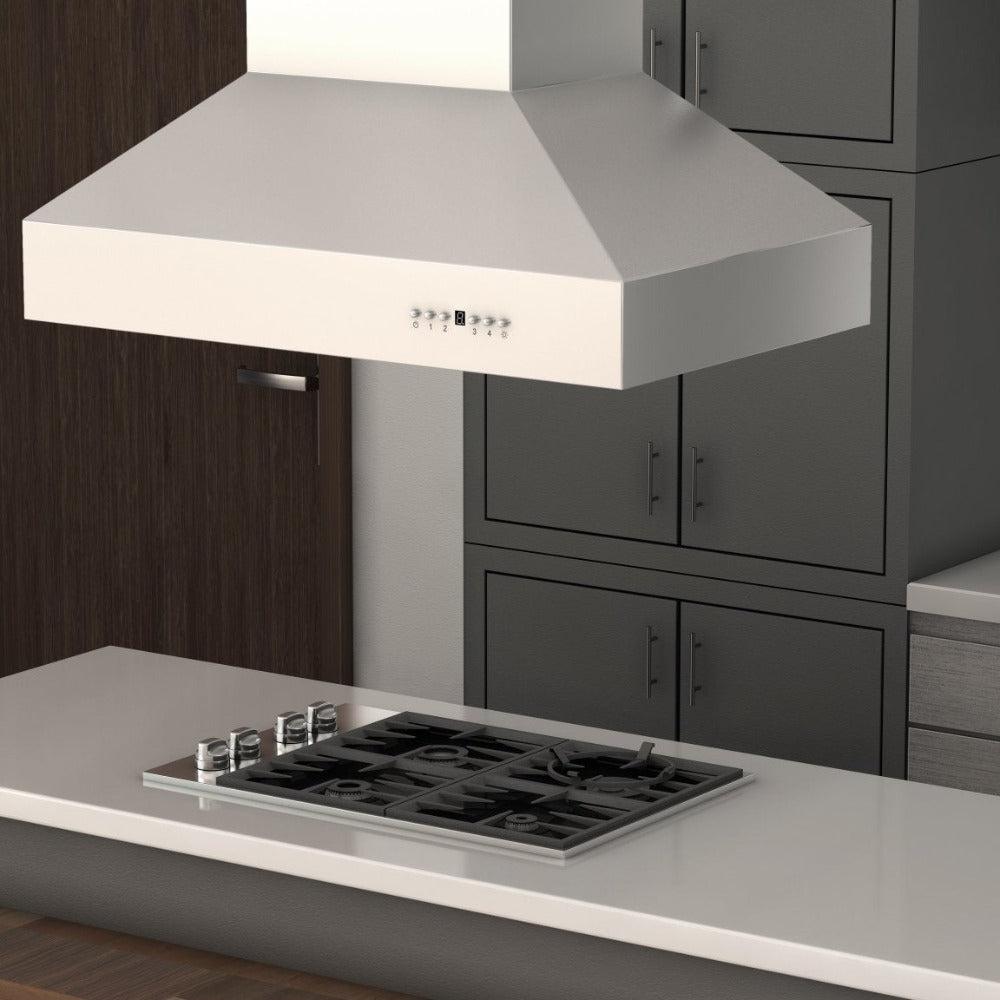 ZLINE Outdoor Approved Island Mount Range Hood in Stainless Steel (697i-304) rendering in a luxury kitchen from above close up.