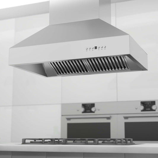 ZLINE Outdoor Approved Island Mount Range Hood in Stainless Steel (697i-304) rendering in a modern kitchen.