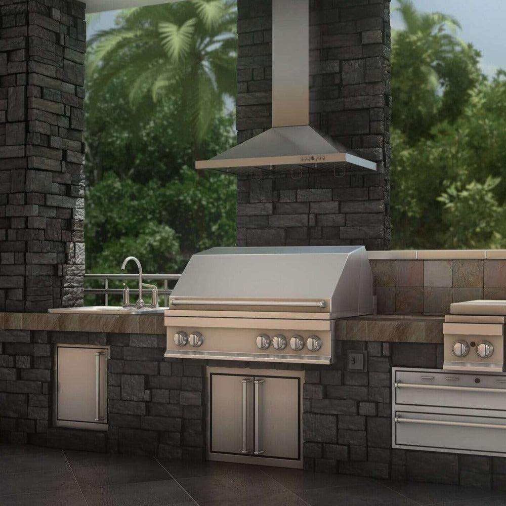 ZLINE Convertible Vent Outdoor Approved Wall Mount Range Hood in Stainless Steel (KB-304) above and outdoor grill.