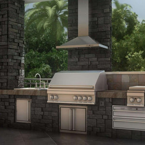 ZLINE Convertible Vent Outdoor Approved Wall Mount Range Hood in Stainless Steel (KB-304) above and outdoor grill.