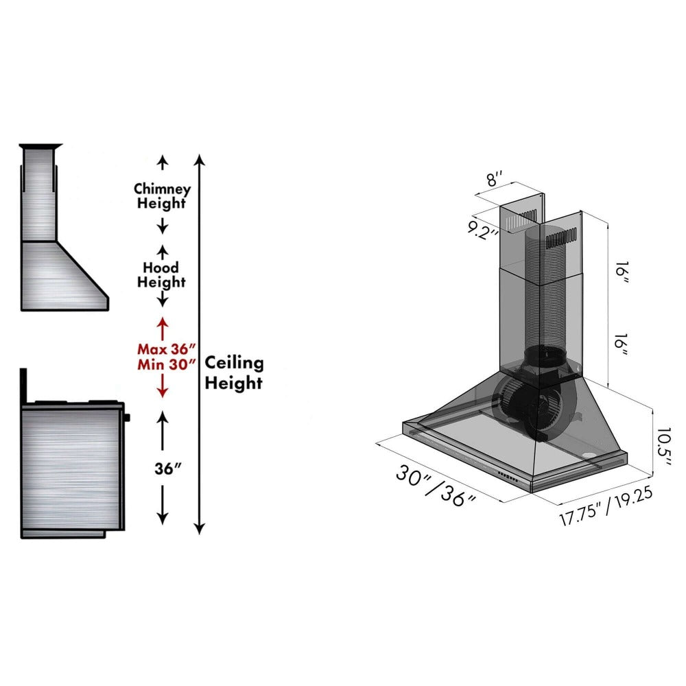 ZLINE Convertible Vent Outdoor Approved Wall Mount Range Hood in Stainless Steel (KB-304) dimensional diagram and chimney height guide for 30-inch and 36-inch sizes.