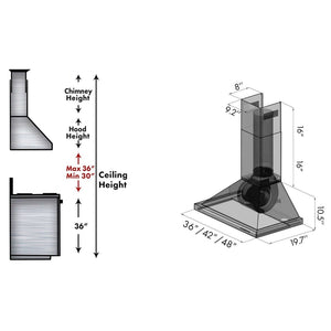 ZLINE Convertible Vent Outdoor Approved Wall Mount Range Hood in Stainless Steel (KB-304) dimensional diagram and chimney height guide for 36-inch, 42-inch, and 48-inch sizes.