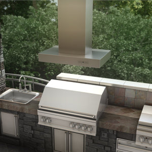 ZLINE Ducted Outdoor Island Mount Range Hood in Stainless Steel (KECOMi-304) rendering above an outdoor barbecue from above.