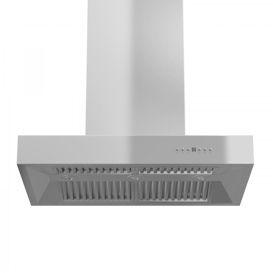 ZLINE Ducted Outdoor Island Mount Range Hood in Stainless Steel (KECOMi-304) front under.