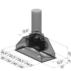 ZLINE Ducted Wall Mount Range Hood Insert in Outdoor Approved Stainless Steel (695-304) dimensional diagram.