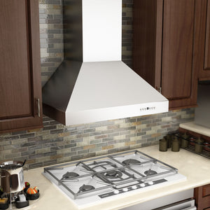 ZLINE Outdoor Wall Mount Range Hood in Outdoor Approved Stainless Steel (667-304) in a rustic kitchen from above.