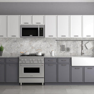 ZLINE Stainless Steel Over the Range Convection Microwave Oven with Modern Handle (MWO-OTR-30) in a modern luxury kitchen over a range