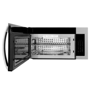 ZLINE Stainless Steel Over the Range Convection Microwave Oven with Modern Handle (MWO-OTR-30) front, open, no tray.