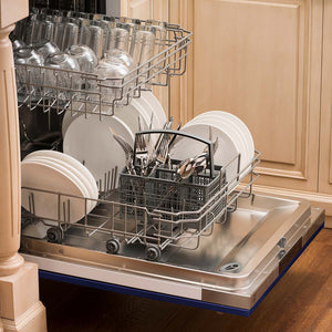 Built-in top control dishwasher with dishes and utensils on bottom rack and glassware on top rack