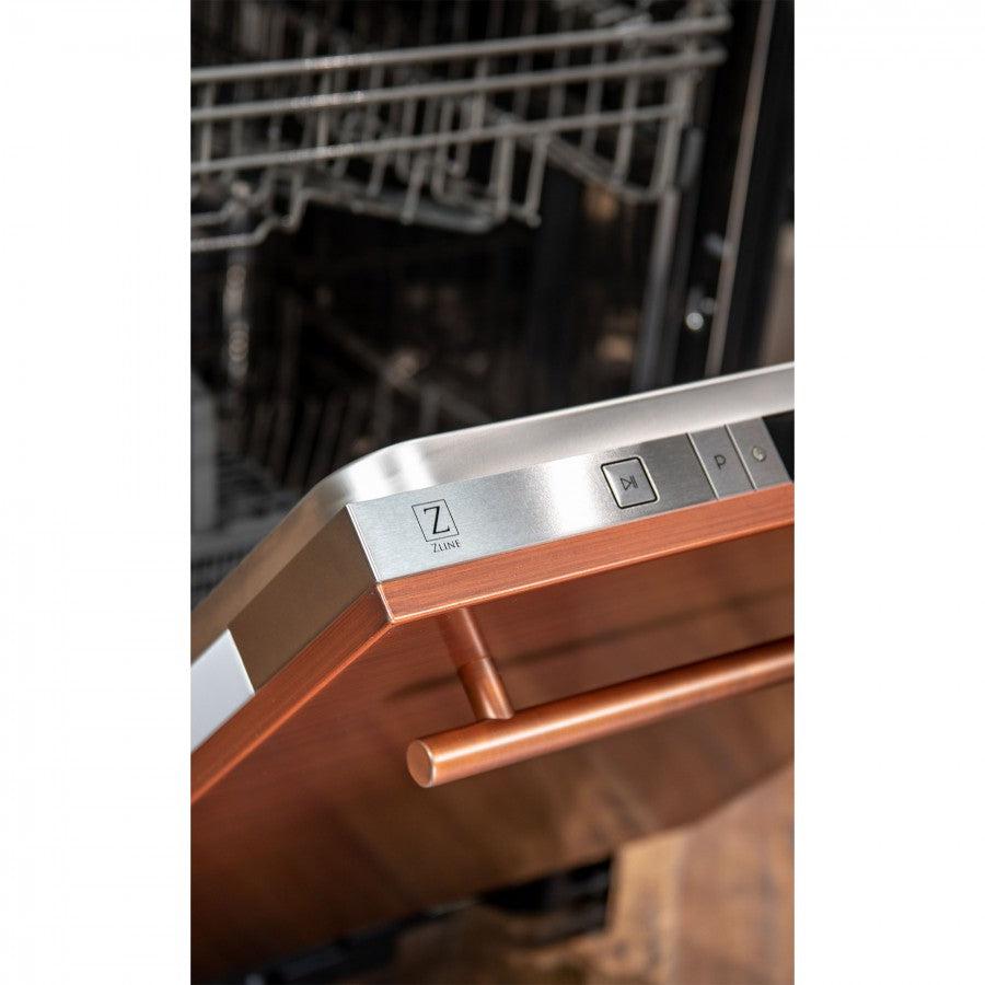 ZLINE 24 in. Top Control Dishwasher with Copper Panel and Modern Style Handle, 52dBa (DW-C-24) close-up, ZLINE logo on top touch controls.