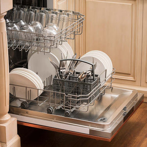 Built-in top control dishwasher with dishes and utensils on bottom rack and glassware on top rack