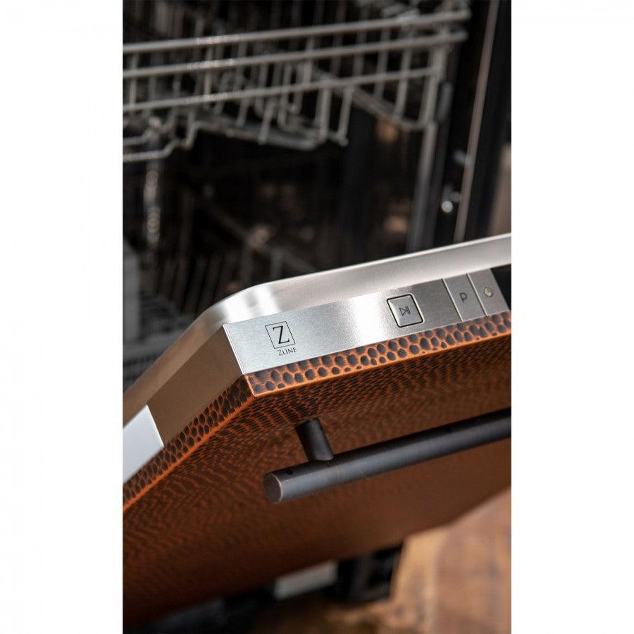 ZLINE 24 in. Top Control Dishwasher with Hand-Hammered Copper Panel and Modern Style Handle, 52dBa (DW-HH-24) close-up, ZLINE logo on top touch controls.