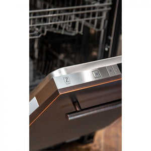 ZLINE 24 in. Top Control Dishwasher with Oil-Rubbed Bronze Panel and Modern Style Handle, 52dBa (DW-ORB-24) close-up, ZLINE logo on top touch controls.