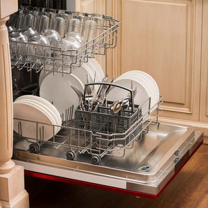 Built-in top control dishwasher with dishes and utensils on bottom rack and glassware on top rack