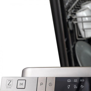 ZLINE 18 in. Compact Top Control Dishwasher with Stainless Steel Panel and Traditional Handle, 52dBa (DW-304-H-18) top touch control panel close-up.
