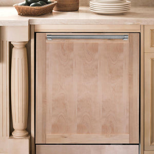 ZLINE 24 in. Top Control Dishwasher with Unfinished Wooden Panel and Traditional Style Handle, 52dBa (DW-UF-H-24) built-in to matching wood cabinets.