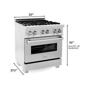 ZLINE 30 in. Kitchen Package with Satin Stainless Steel Dual Fuel Range and Convertible Vent Range Hood (2KP-RASSNRH30) dimensional diagram with measurements.