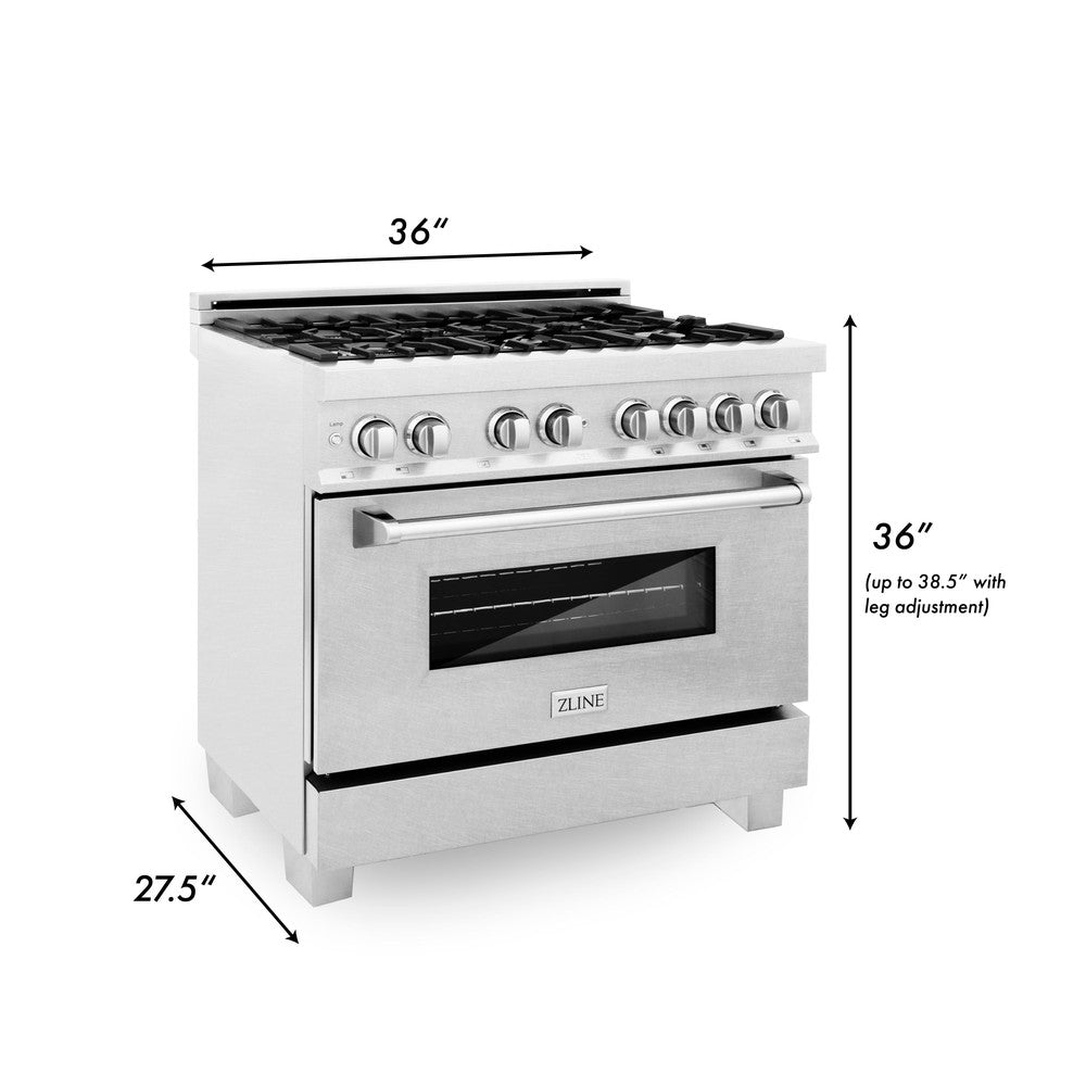 ZLINE 36 in. Professional Dual Fuel Range in Fingerprint Resistant Stainless Steel (RAS-SN-36) dimensional diagram with measurements.