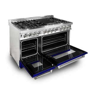ZLINE 48 in. 6.0 cu. ft. Legacy Dual Fuel Range with 7 Burner Gas Cooktop and 2 Electric Ovens in Stainless Steel and Blue Gloss Doors (RA-BG-48) side, oven open.