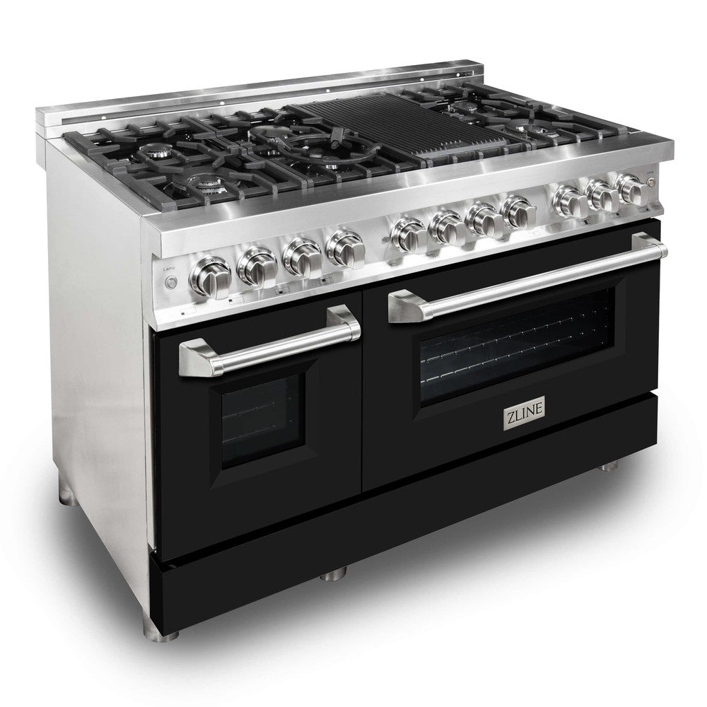 ZLINE 48 in. 6.0 cu. ft. Legacy Dual Fuel Range with 7 Burner Gas Cooktop and 2 Electric Ovens in Stainless Steel and Black Matte Doors (RA-BLM-48) side, oven closed.