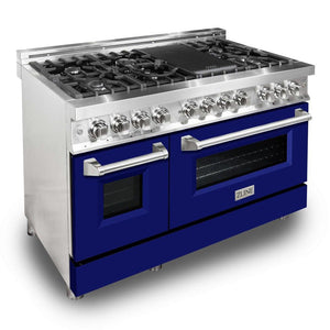 ZLINE 48 in. 6.0 cu. ft. Legacy Dual Fuel Range with 7 Burner Gas Cooktop and 2 Electric Ovens in Stainless Steel and Blue Matte Doors (RA-BM-48) side, oven closed.