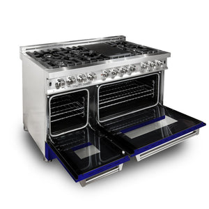 ZLINE 48 in. 6.0 cu. ft. Legacy Dual Fuel Range with 7 Burner Gas Cooktop and 2 Electric Ovens in Stainless Steel and Blue Matte Doors (RA-BM-48) side, oven open.