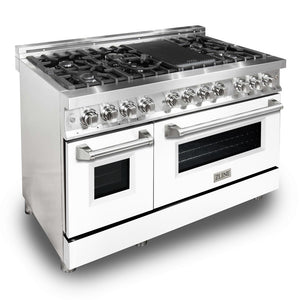 ZLINE 48 in. 6.0 cu. ft. Legacy Dual Fuel Range with 7 Burner Gas Cooktop and 2 Electric Ovens in Stainless Steel and White Matte Doors (RA-WM-48) side, oven closed.