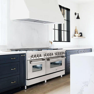 ZLINE 60 in. 7.4 cu. ft. Legacy Dual Fuel Range with Gas Cooktop and 2 Electric Convection Ovens in Stainless Steel with 8 Brass Burners (RA-BR-60) in a luxury kitchen.
