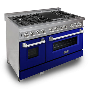 ZLINE 48 in. 6.0 cu. ft. Legacy Dual Fuel Range with 7 Burner Gas Cooktop and 2 Electric Ovens in DuraSnow® Stainless Steel and Blue Gloss Doors (RAS-BG-48) side, oven closed.