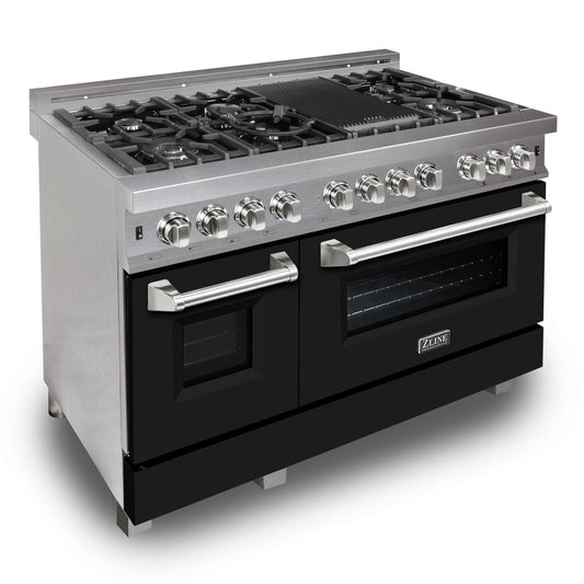 ZLINE 48 in. 6.0 cu. ft. Legacy Dual Fuel Range with 7 Burner Gas Cooktop and 2 Electric Ovens in DuraSnow® Stainless Steel and Black Matte Doors (RAS-BLM-48) side, oven closed.