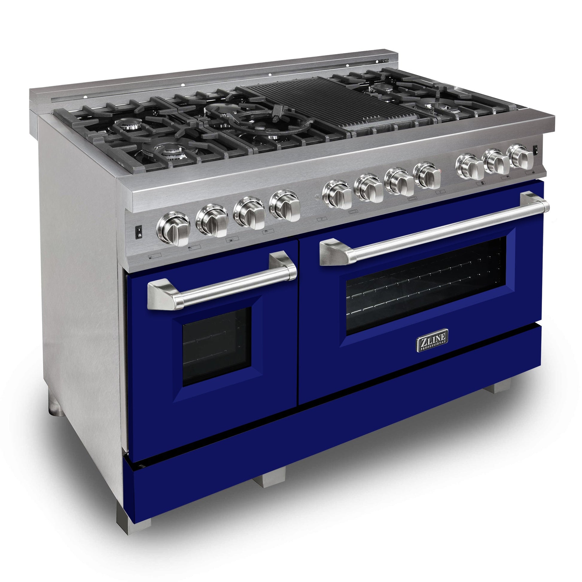 ZLINE 48 in. 6.0 cu. ft. Legacy Dual Fuel Range with 7 Burner Gas Cooktop and 2 Electric Ovens in DuraSnow® Stainless Steel and Blue Matte Doors (RAS-BM-48) side, oven closed.