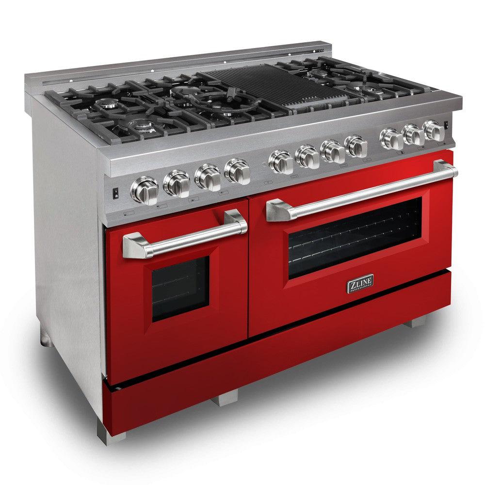 ZLINE 48 in. 6.0 cu. ft. Legacy Dual Fuel Range with 7 Burner Gas Cooktop and 2 Electric Ovens in DuraSnow® Stainless Steel and Red Gloss Doors (RAS-RG-48) side, oven closed.