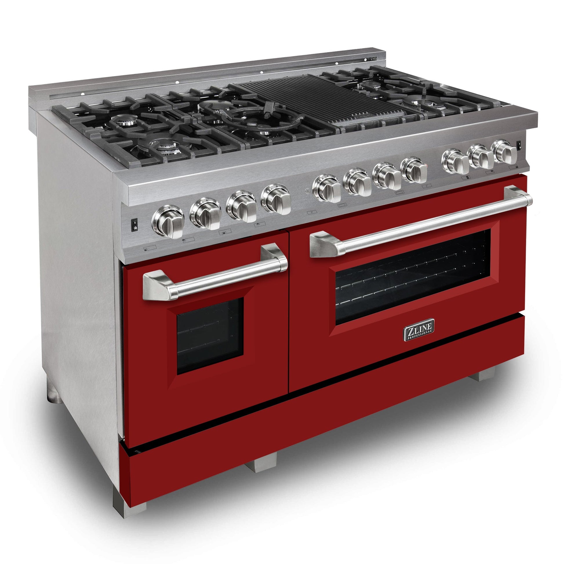 ZLINE 48 in. 6.0 cu. ft. Legacy Dual Fuel Range with 7 Burner Gas Cooktop and 2 Electric Ovens in DuraSnow® Stainless Steel and Red Matte Doors (RAS-RM-48) side, oven closed.