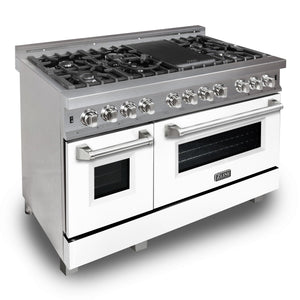 ZLINE 48 in. 6.0 cu. ft. Legacy Dual Fuel Range with 7 Burner Gas Cooktop and 2 Electric Ovens in DuraSnow® Stainless Steel and White Matte Doors (RAS-WM-48) side, oven closed.