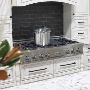 ZLINE 48 in. Porcelain Gas Rangetop in DuraSnow® Stainless Steel with 7 Gas Burners with Brass Burners and Griddle (RTS-BR-48) in a cottage-style kitchen.