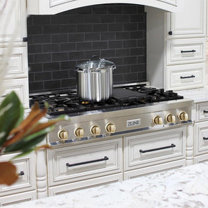 ZLINE Autograph Edition 48 in. Porcelain Rangetop with 7 Gas Burners in Stainless Steel with Polished Gold Accents (RTZ-48-G) in a farmhouse-style kitchen.